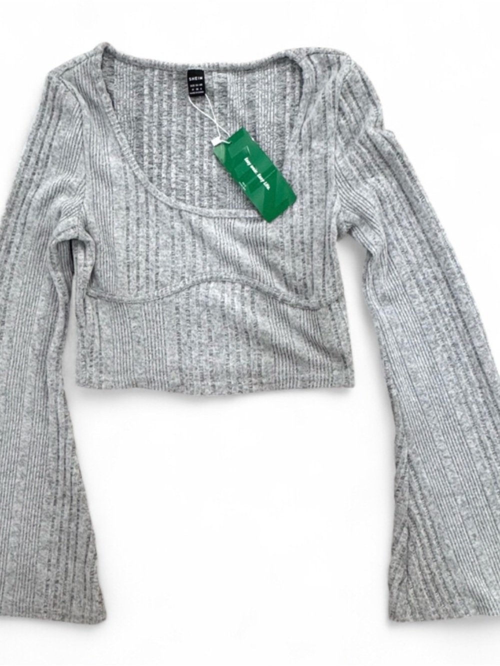 SHEIN Light Gray Ribbed Scoop-Neck Cropped Top with Bell Sleeves